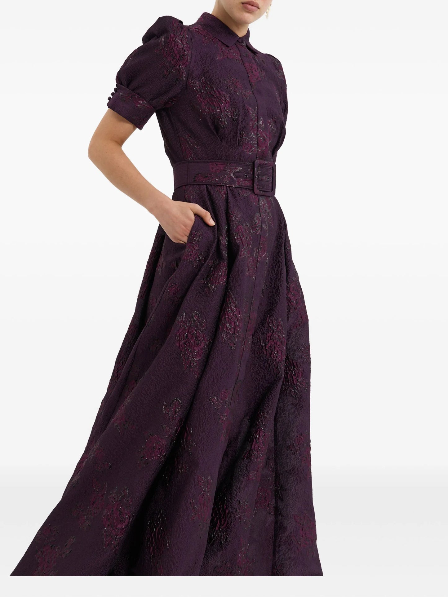 Afina puff-sleeve brocade gown