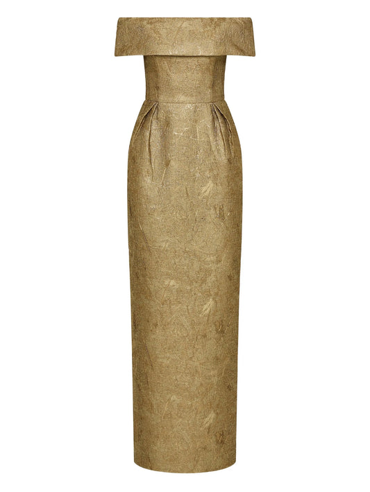 off-shoulder brocade gown