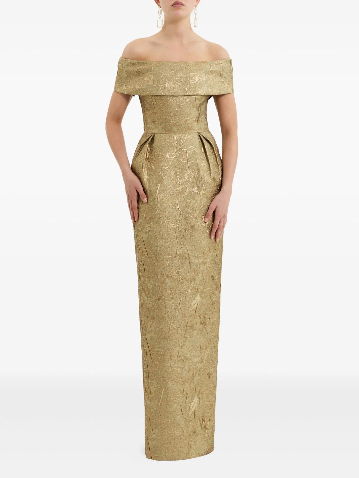 off-shoulder brocade gown