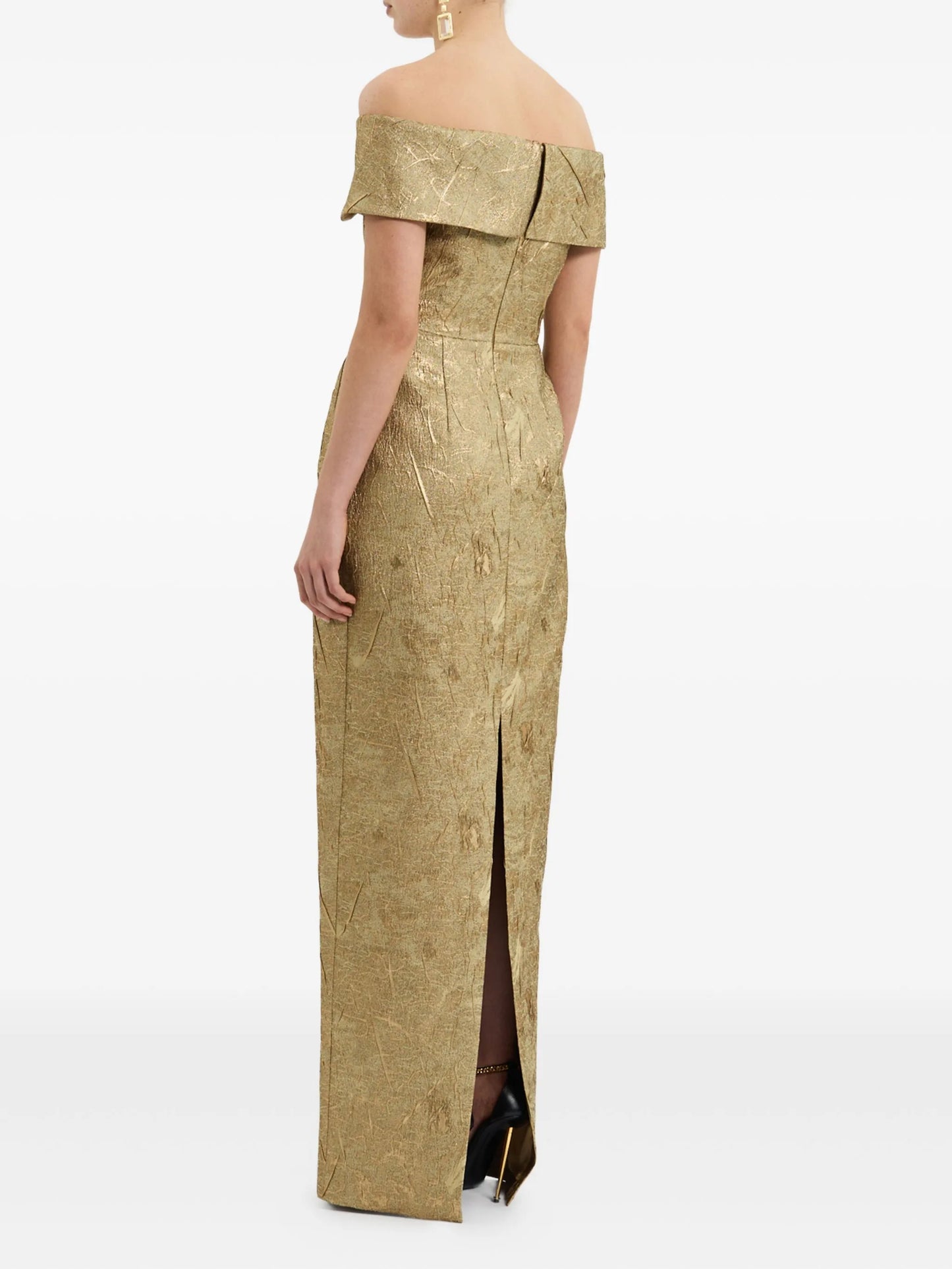 off-shoulder brocade gown