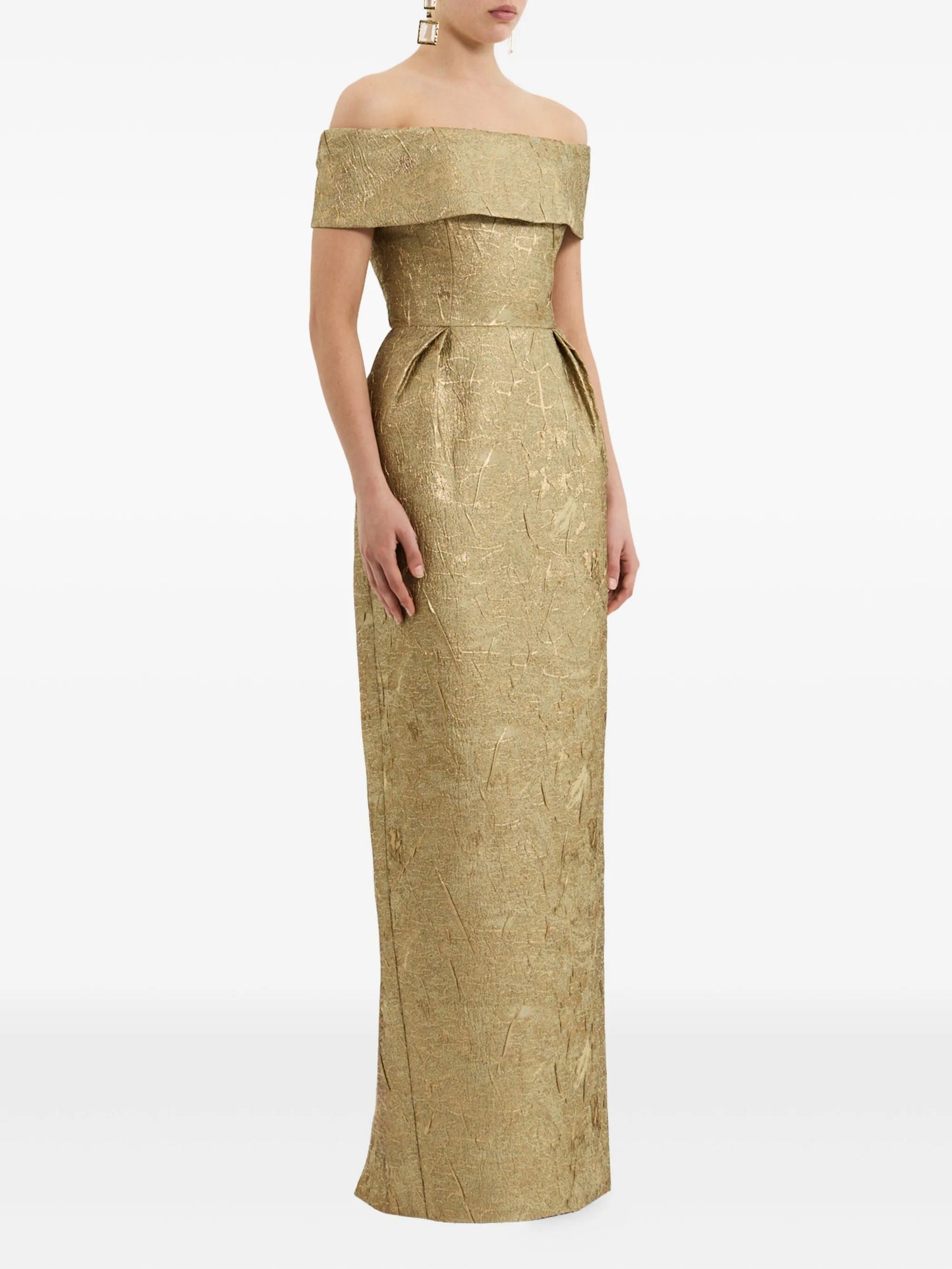 off-shoulder brocade gown