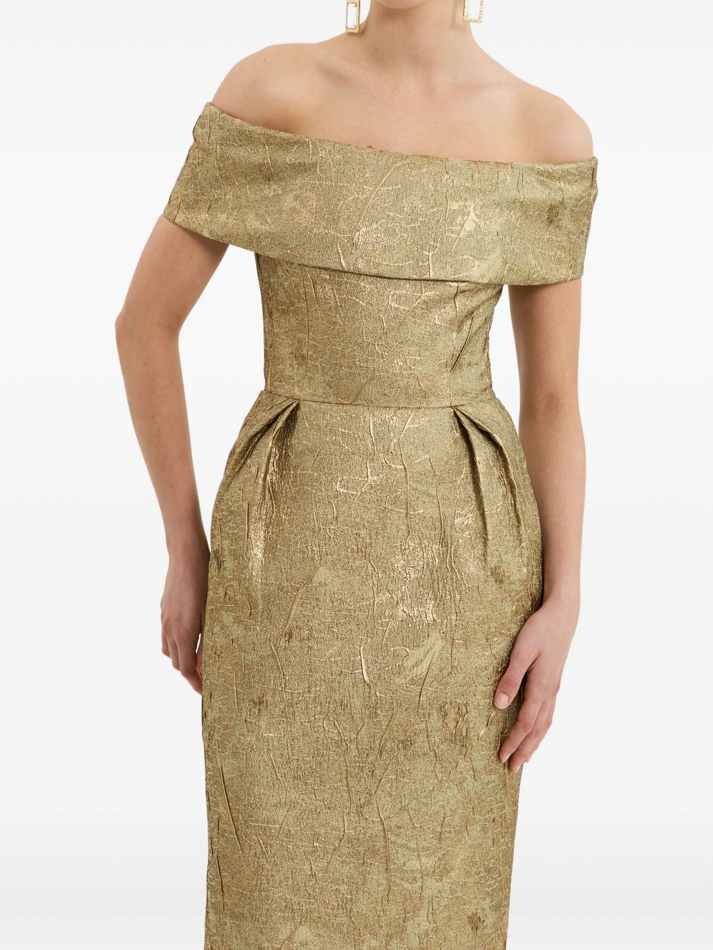 off-shoulder brocade gown