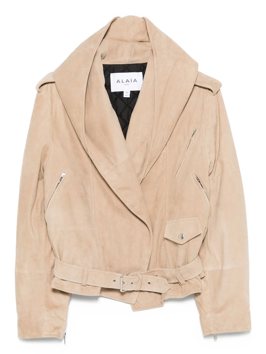 hooded belted suede jacket