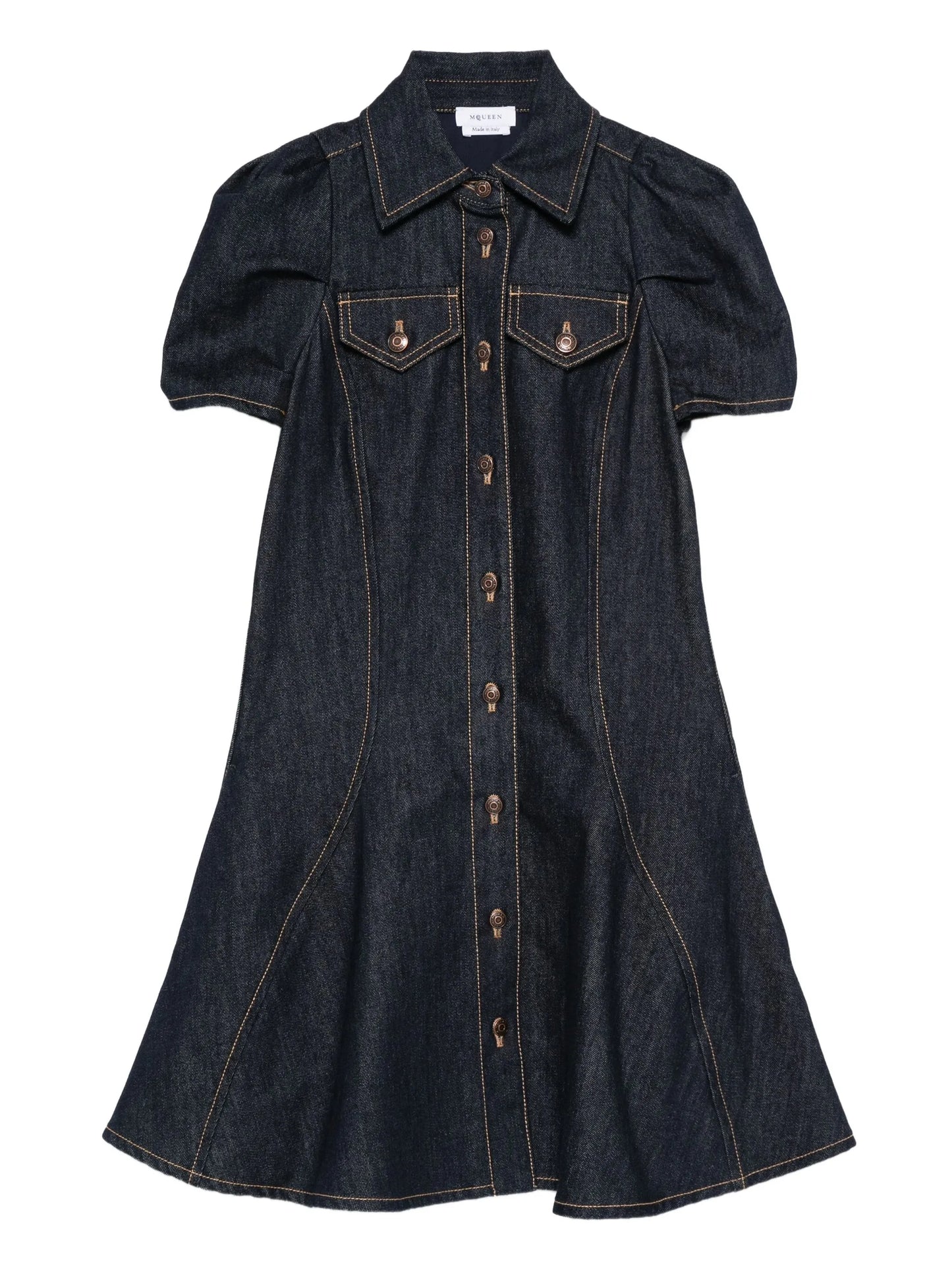 puff-sleeve button-front denim dress