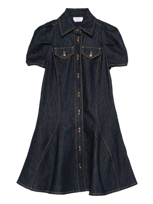 puff-sleeve button-front denim dress