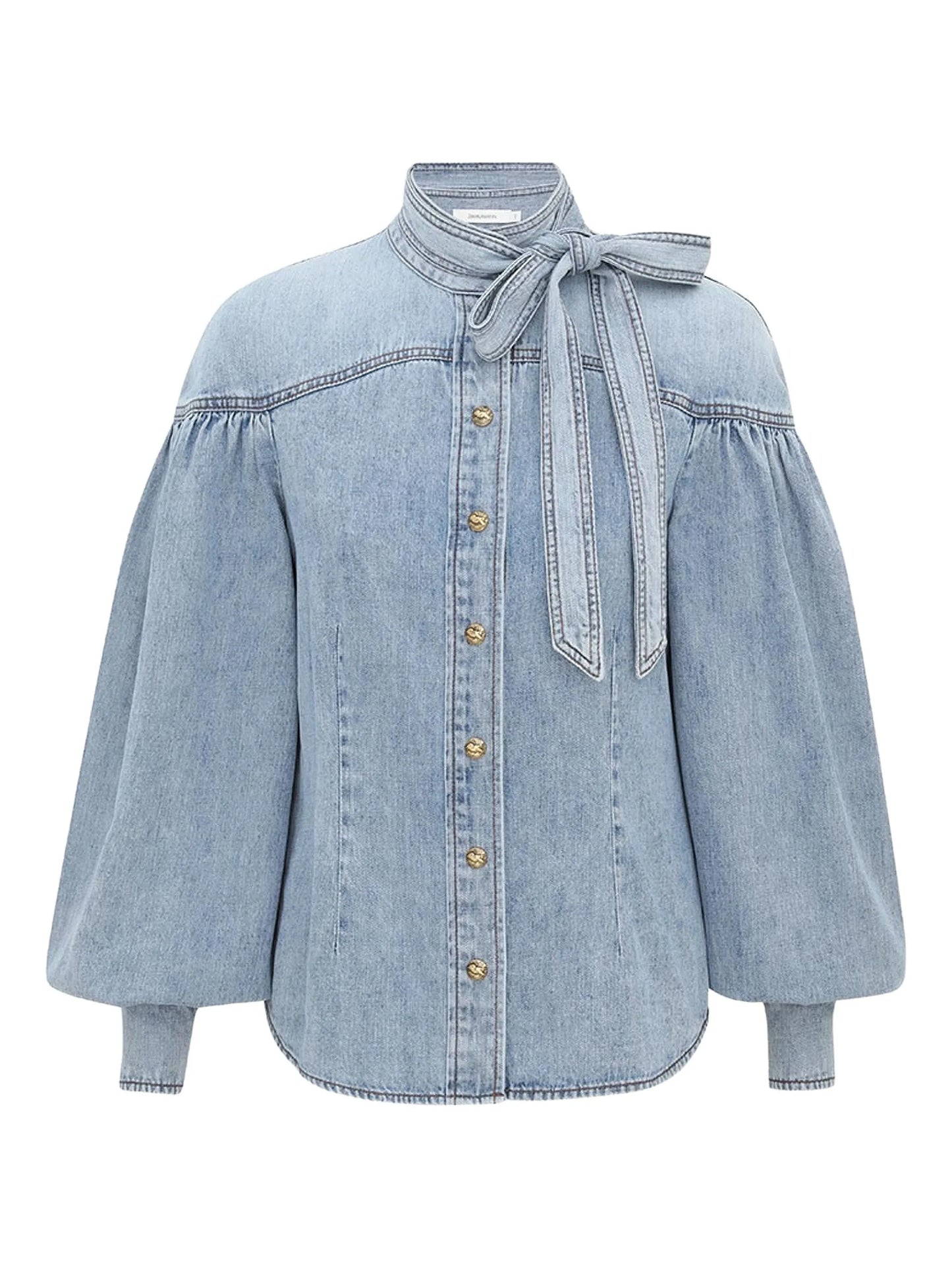 balloon-sleeve tie-neck shirt