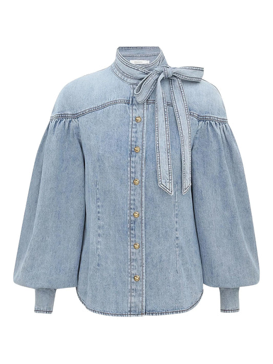 balloon-sleeve tie-neck shirt