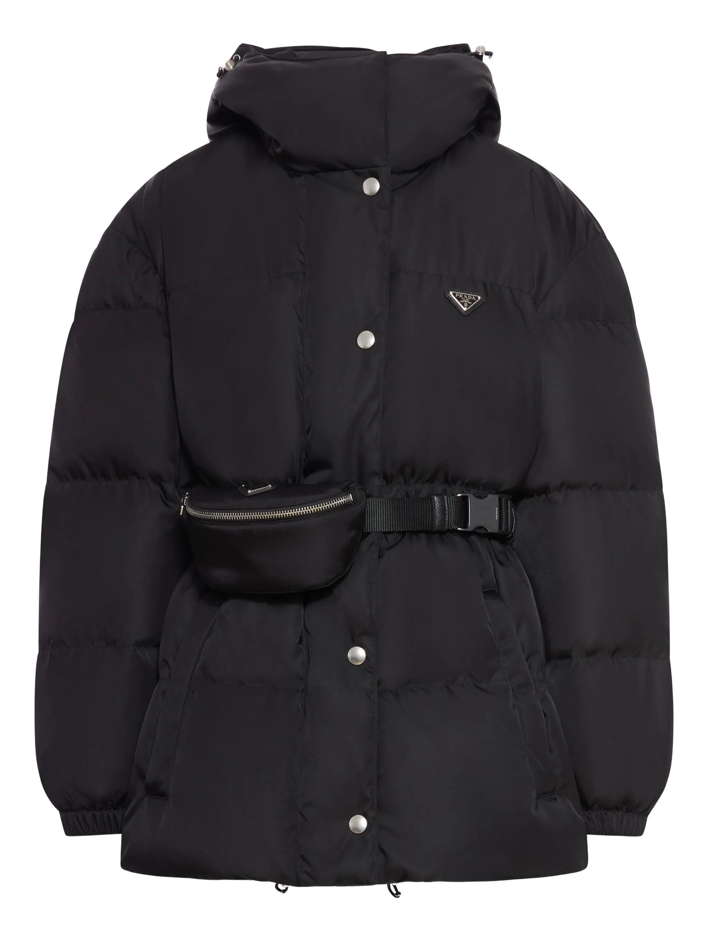 hooded belted puffer jacket