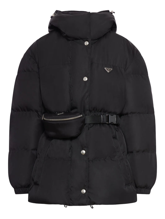hooded belted puffer jacket