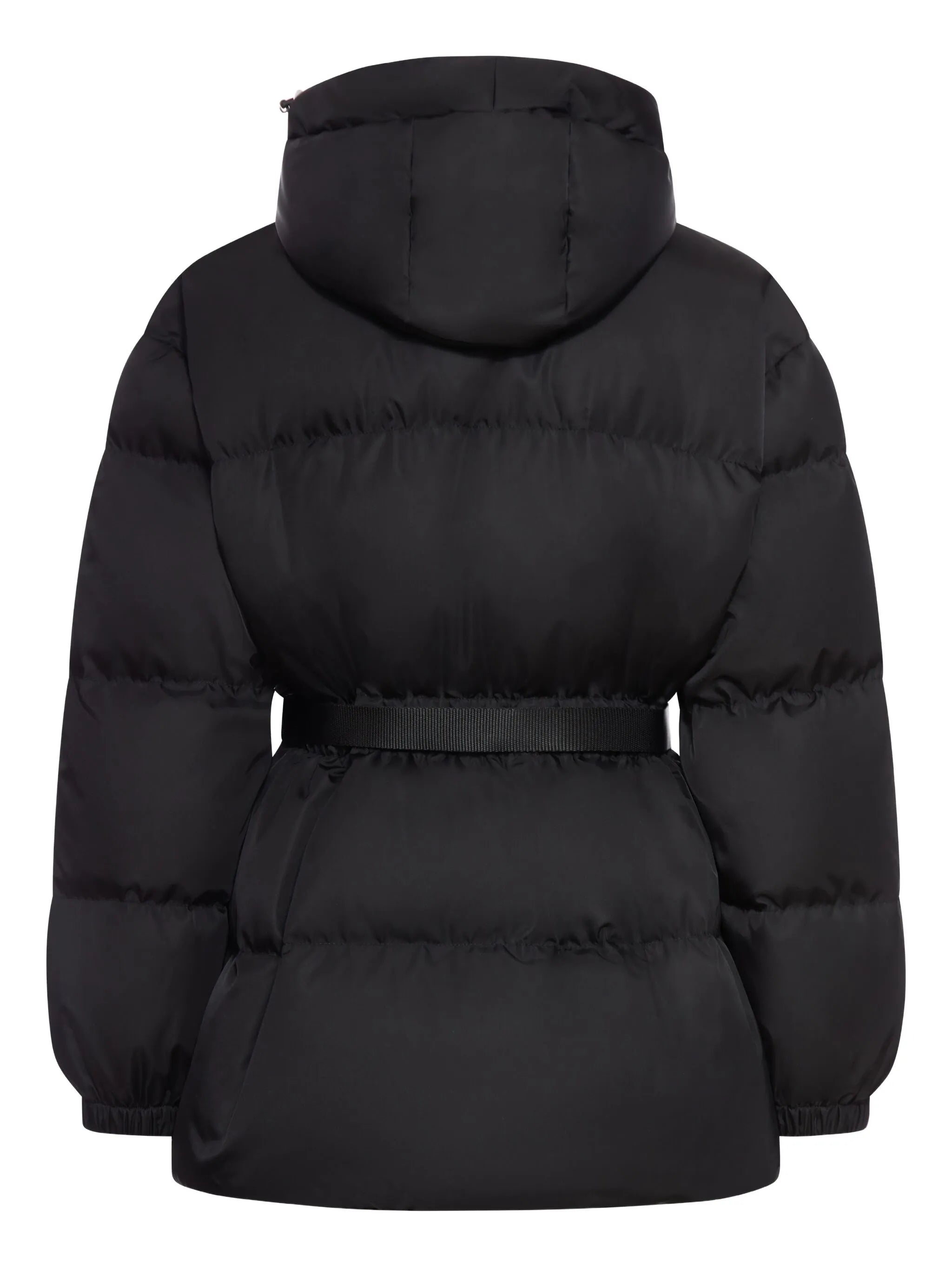 hooded belted puffer jacket