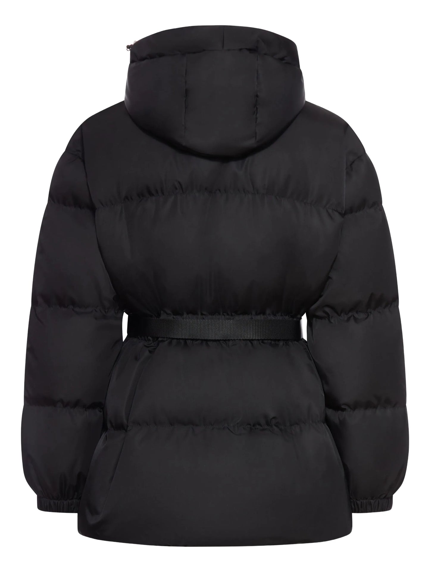 hooded belted puffer jacket