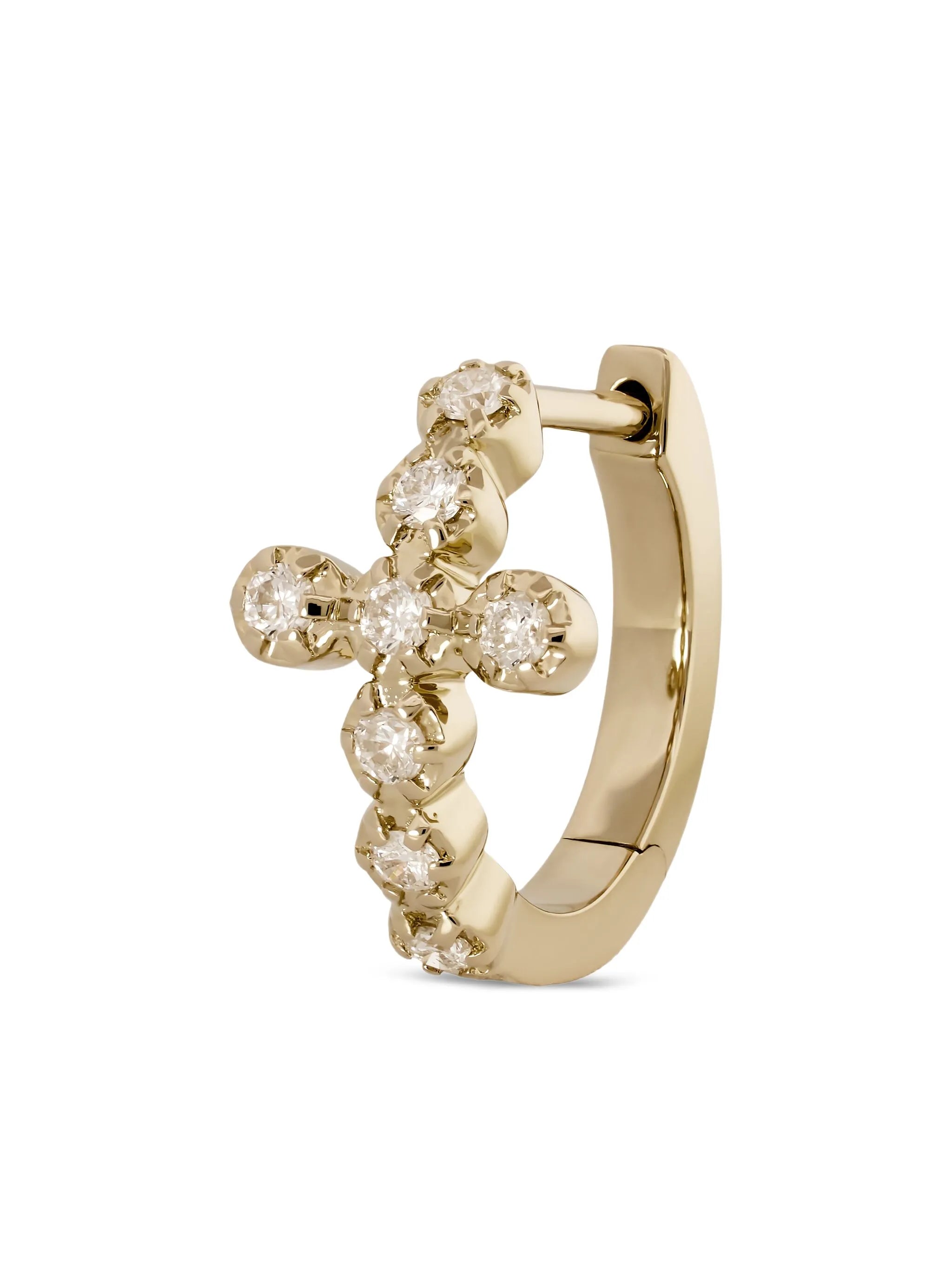 14K yellow gold Cross diamond hoop earring