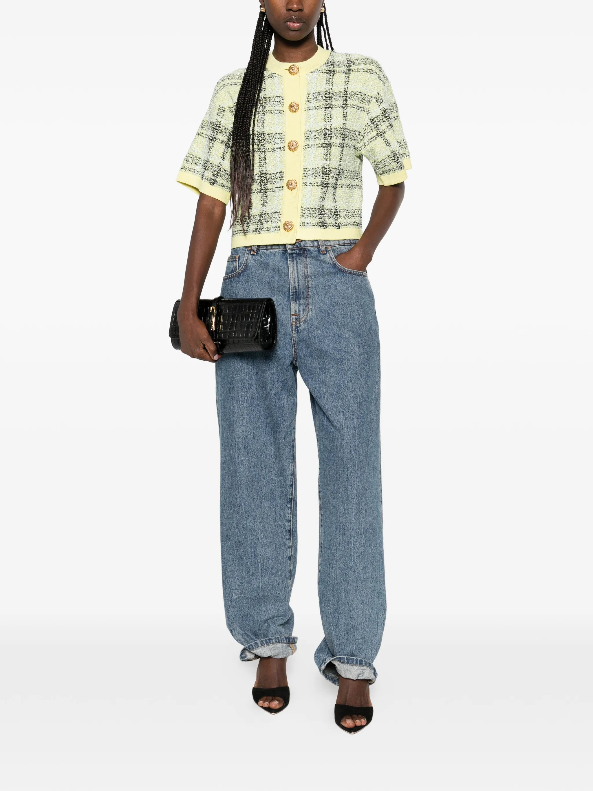 buttoned check tweed cardigan