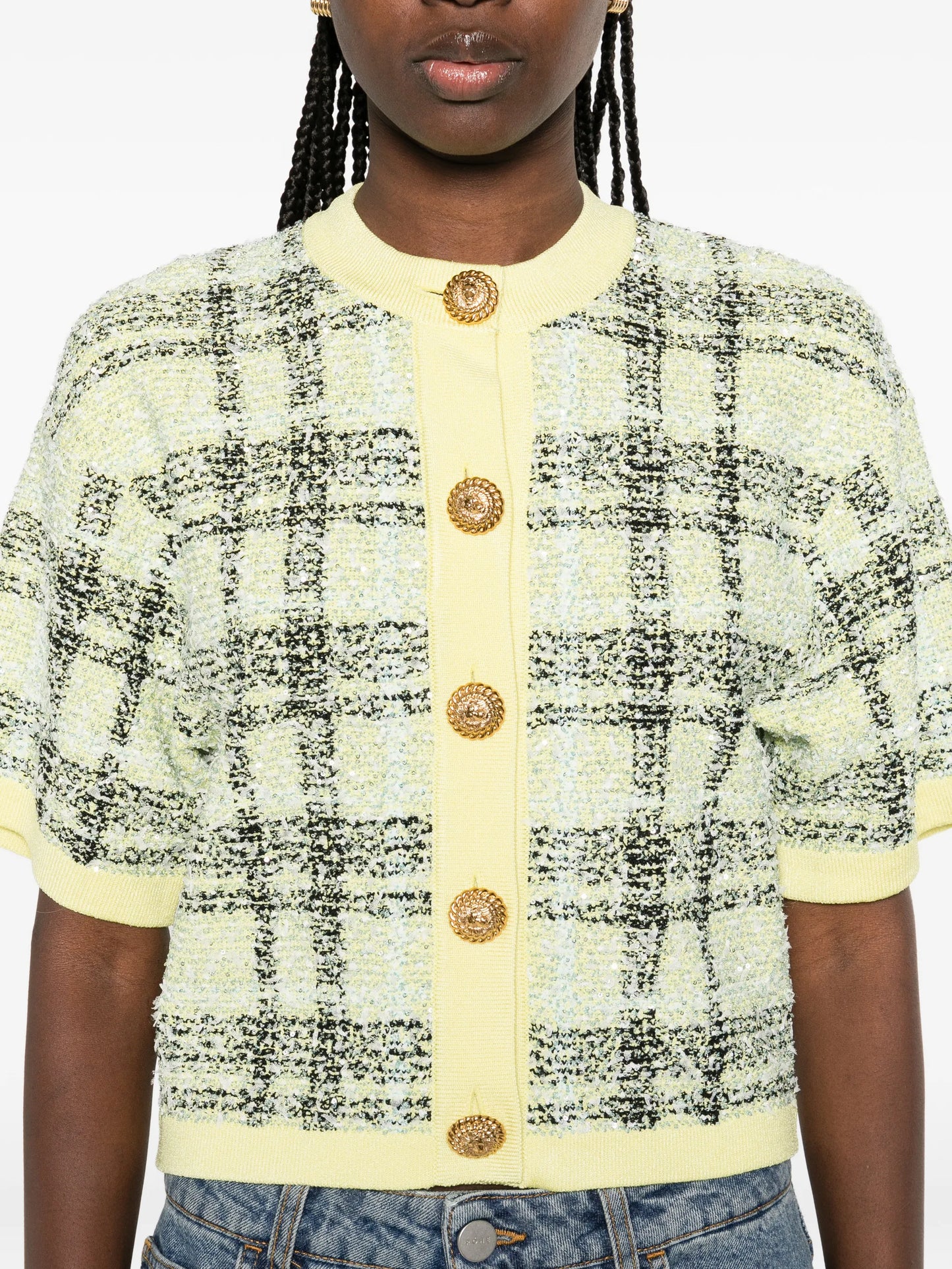 buttoned check tweed cardigan