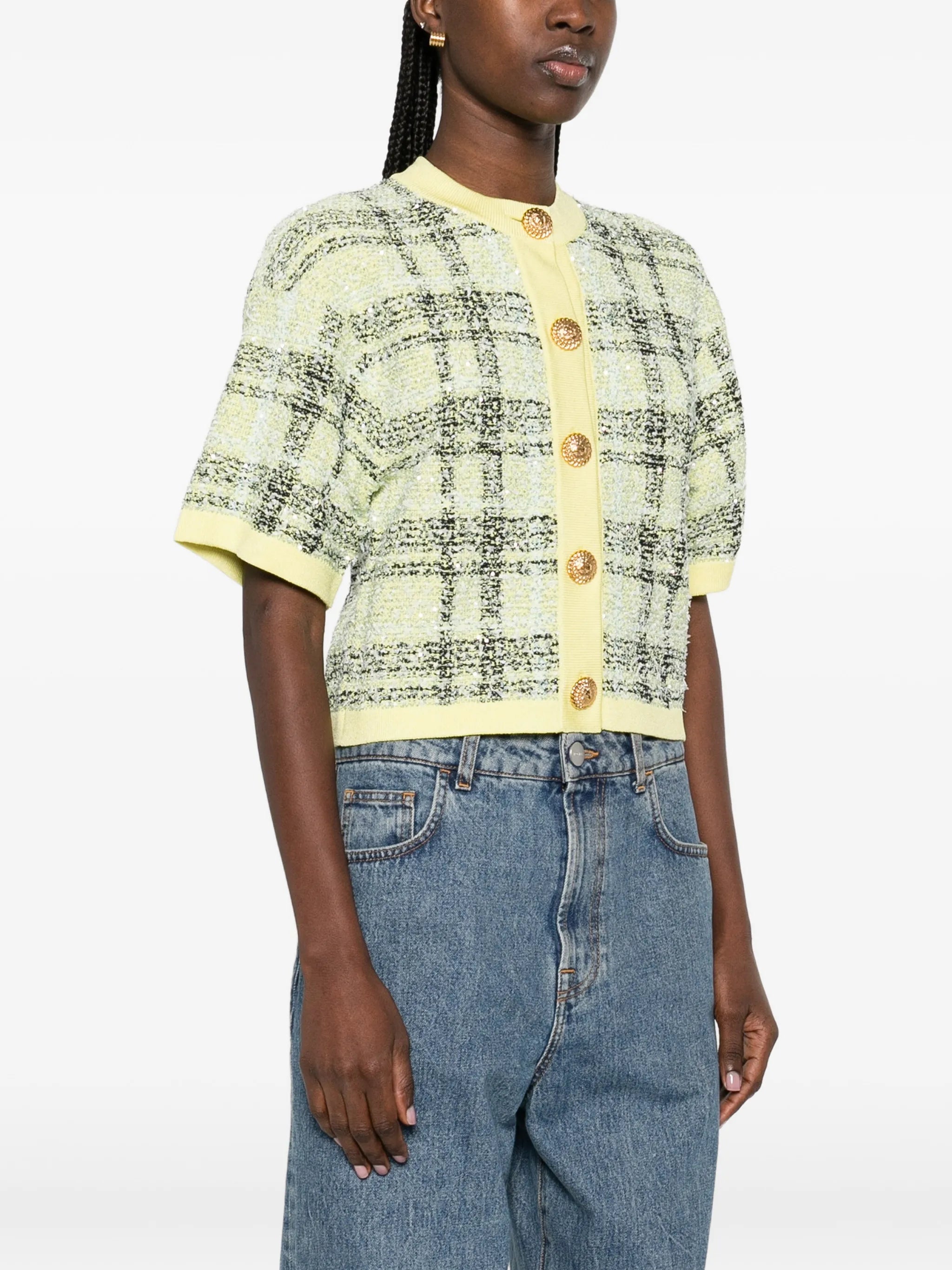 buttoned check tweed cardigan