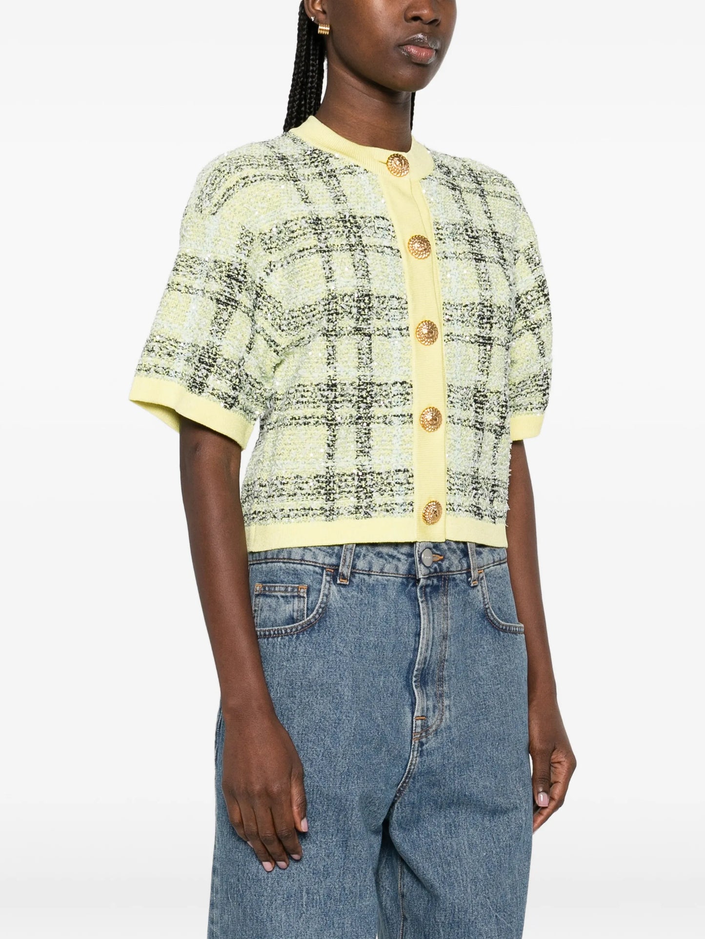 buttoned check tweed cardigan