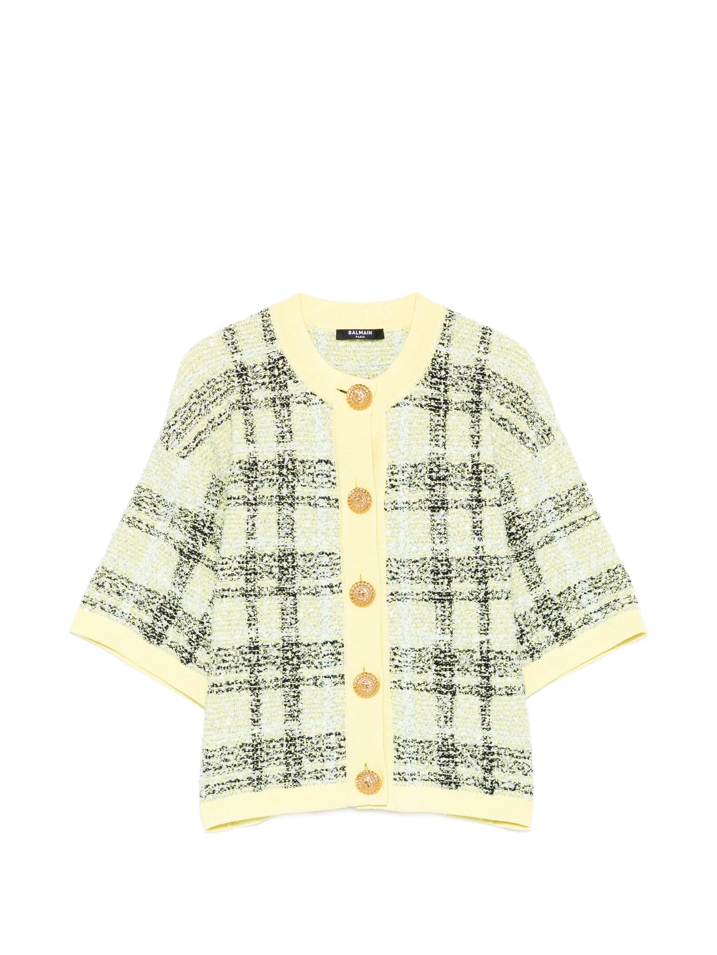 buttoned check tweed cardigan