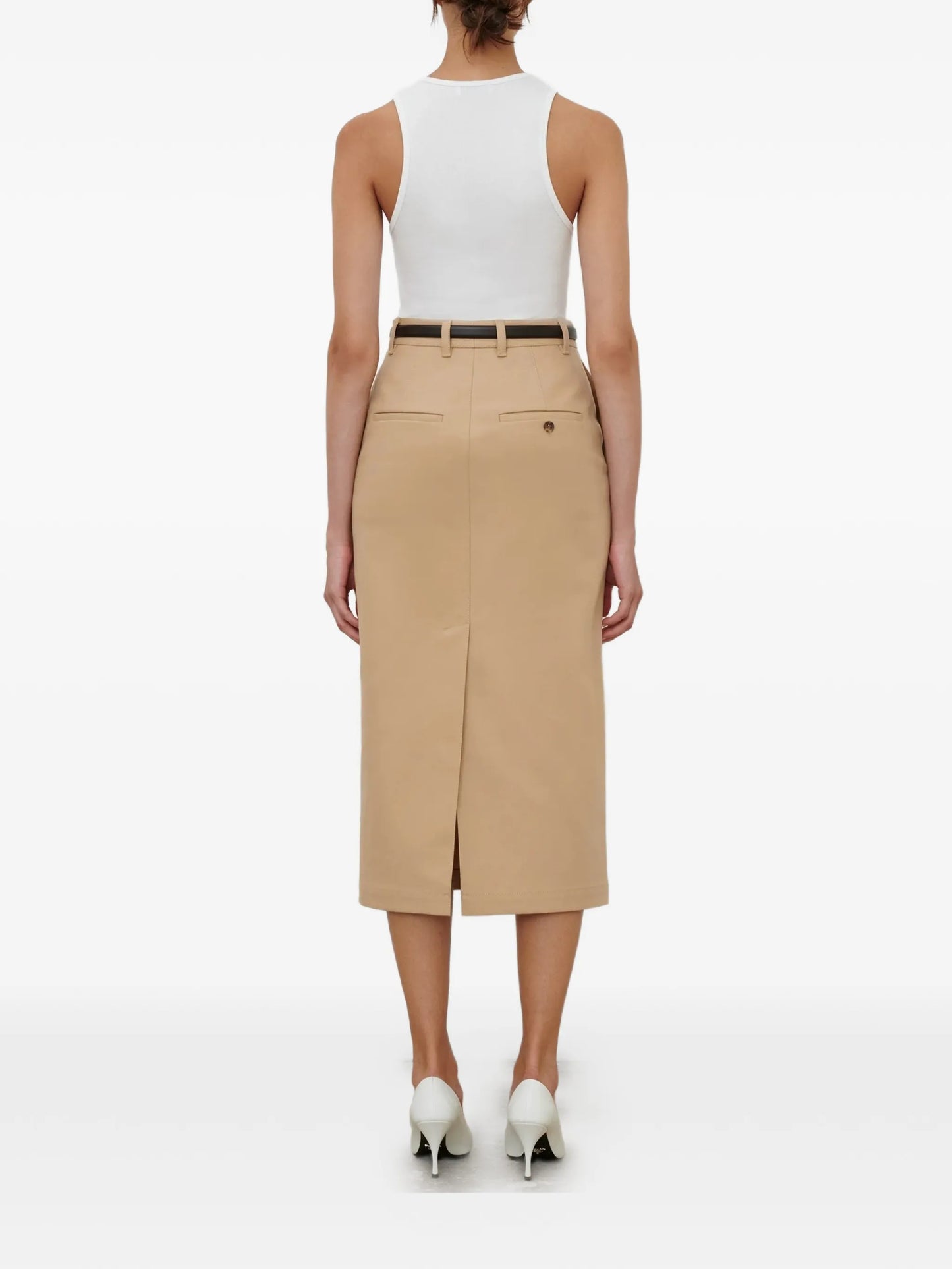 button back midi skirt