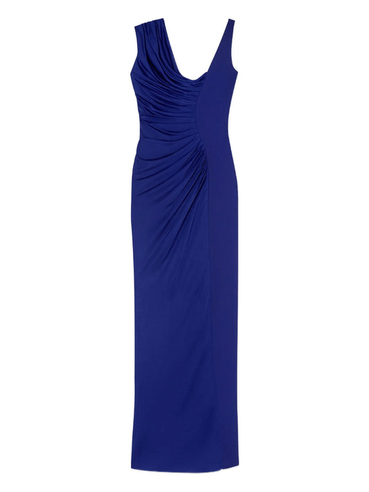 inverted satin crepe draped gown midi dress