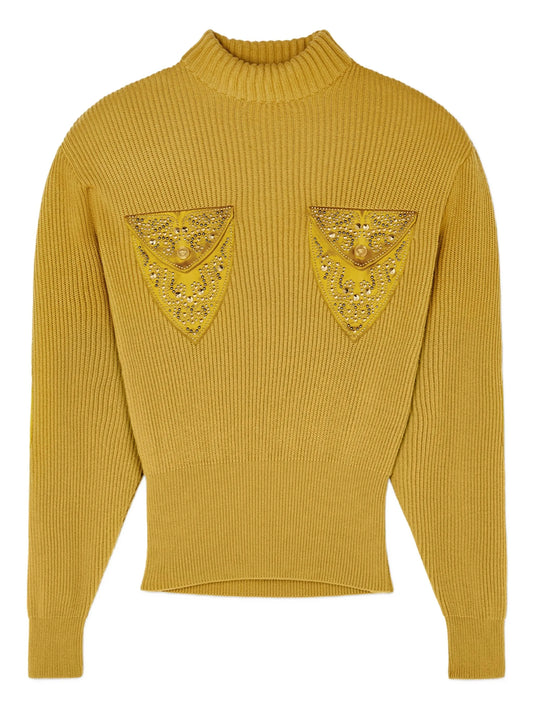 embellished-pocket ribbed sweater