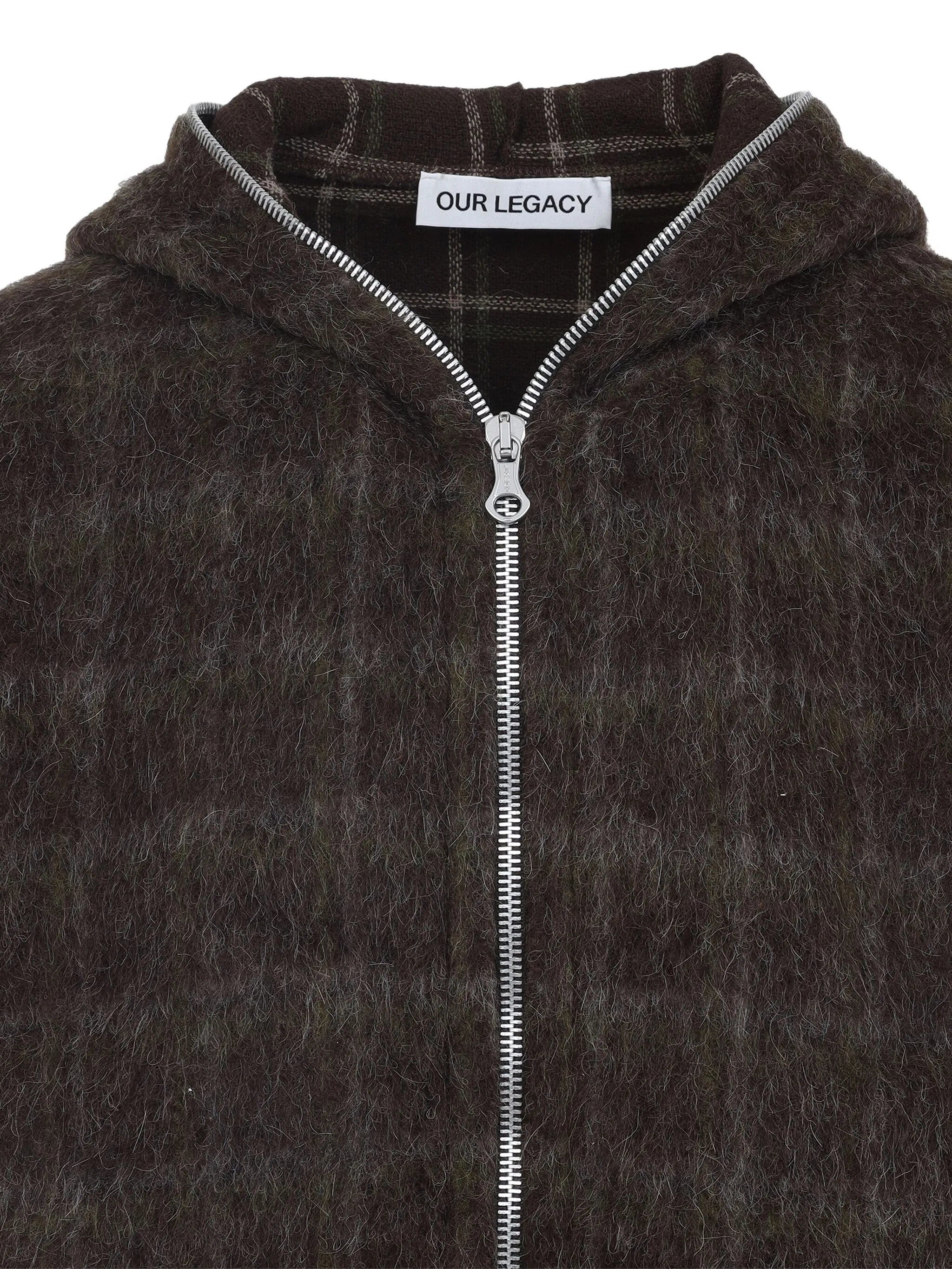 check-pattern wool zip-up hoodie