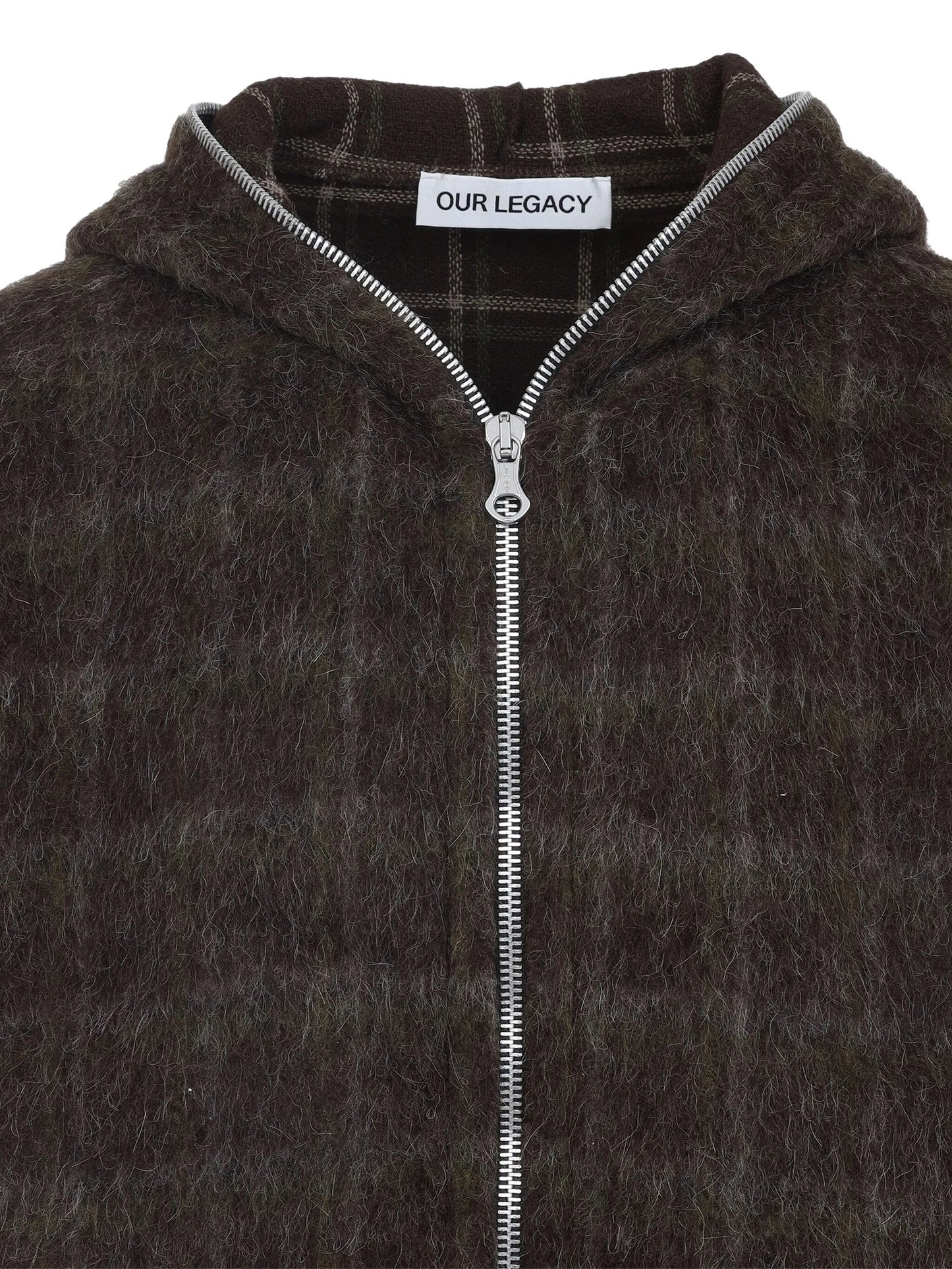 check-pattern wool zip-up hoodie