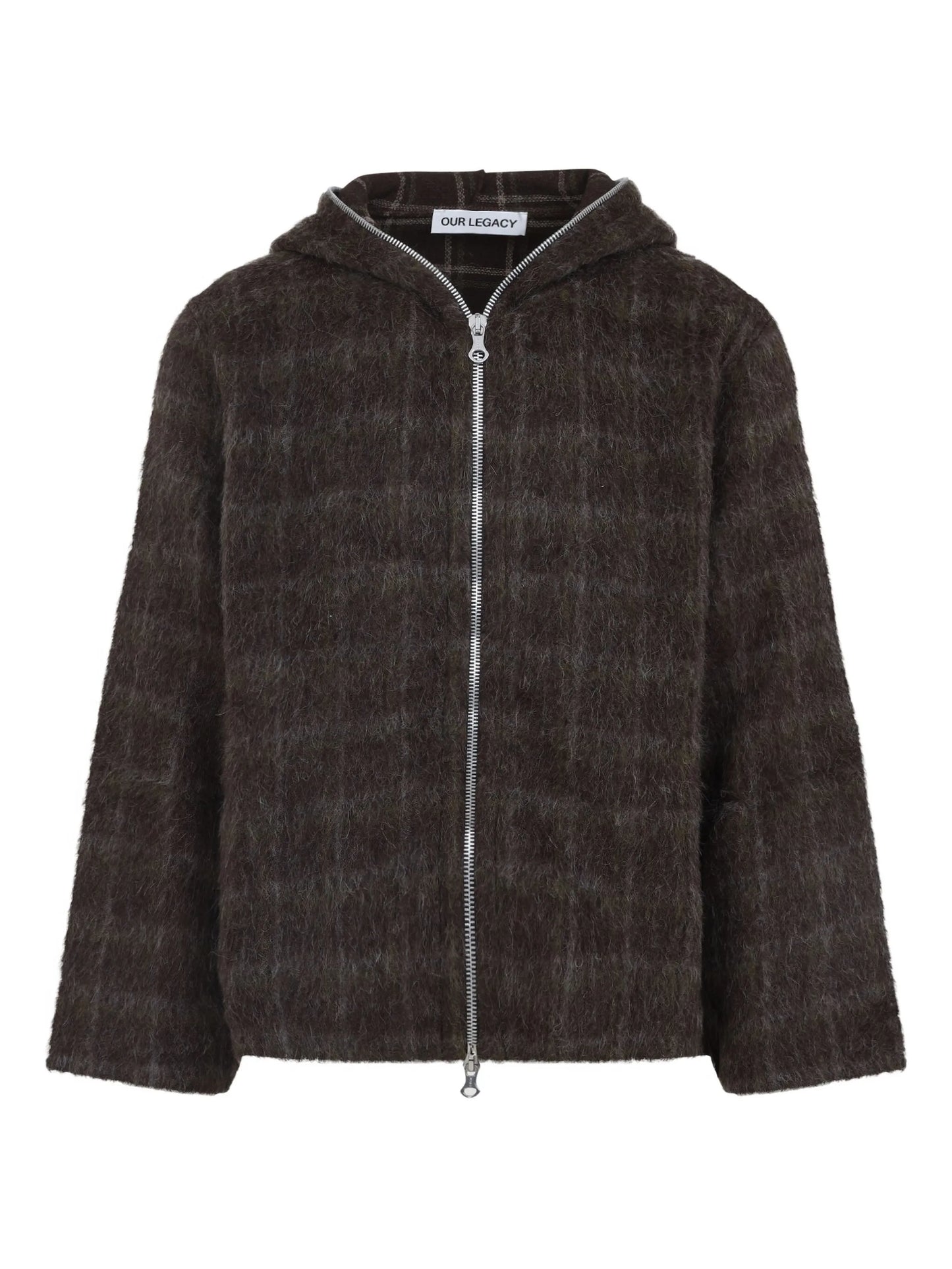 check-pattern wool zip-up hoodie