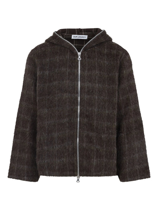check-pattern wool zip-up hoodie