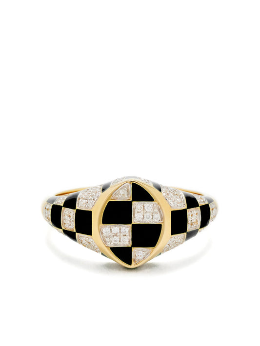 9K yellow gold check-pattern diamond-embellishment ring