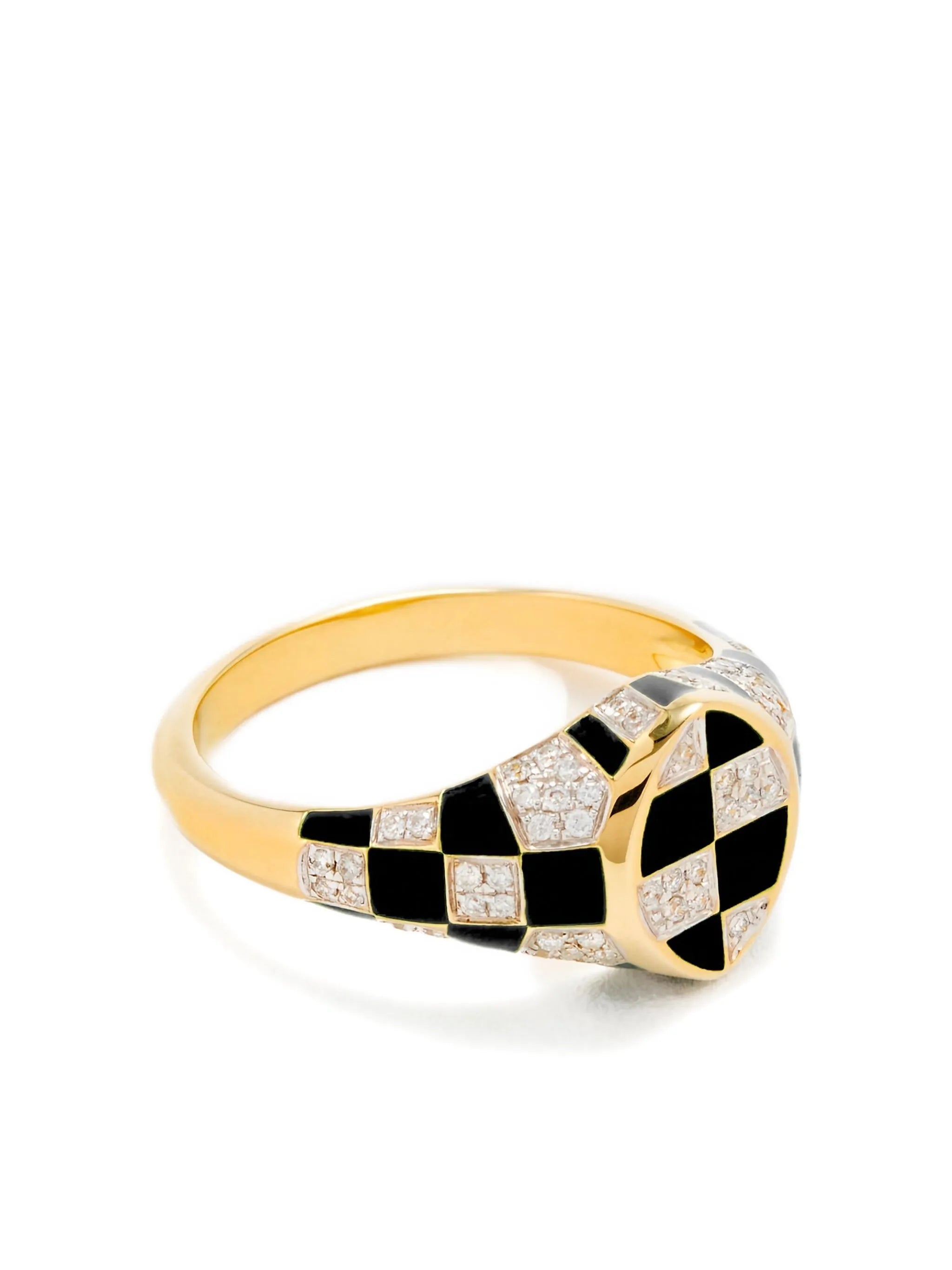 9CT yellow gold check-pattern diamond-embellishment ring