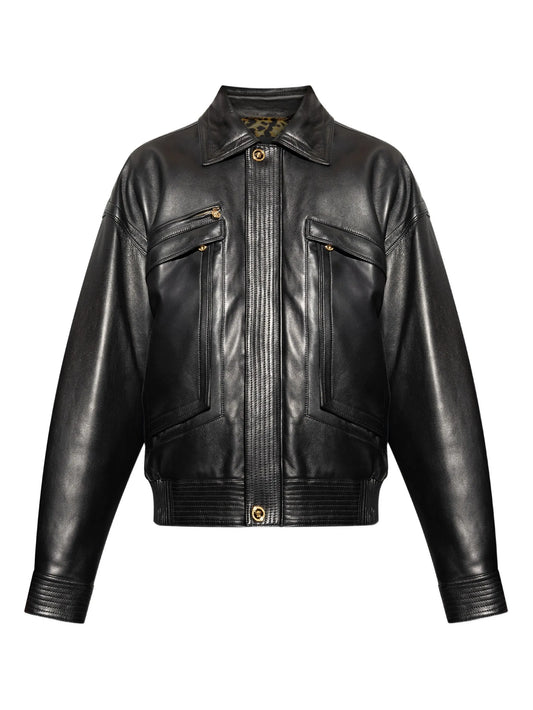 flap-pocket leather jacket