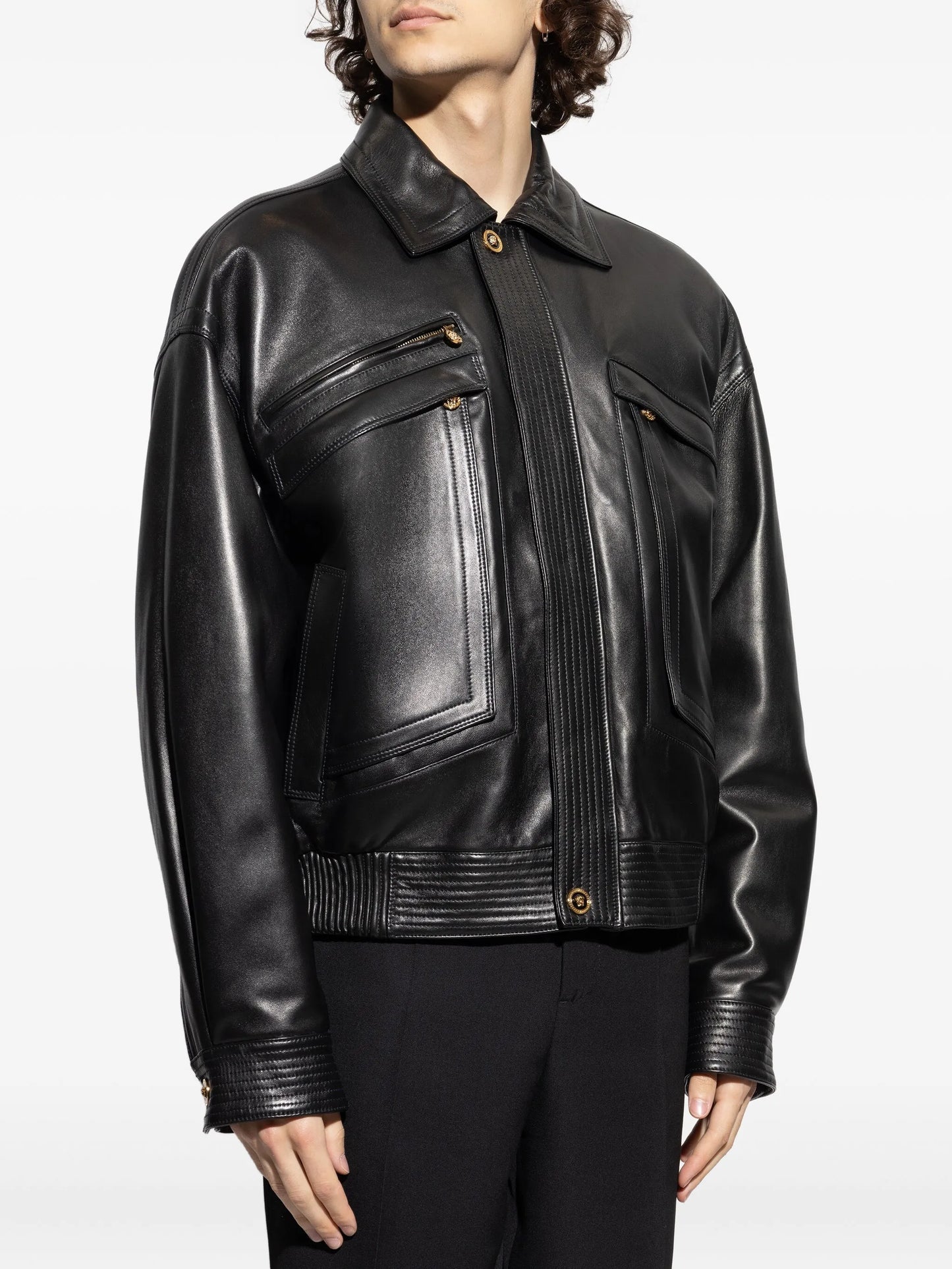 flap-pocket leather jacket