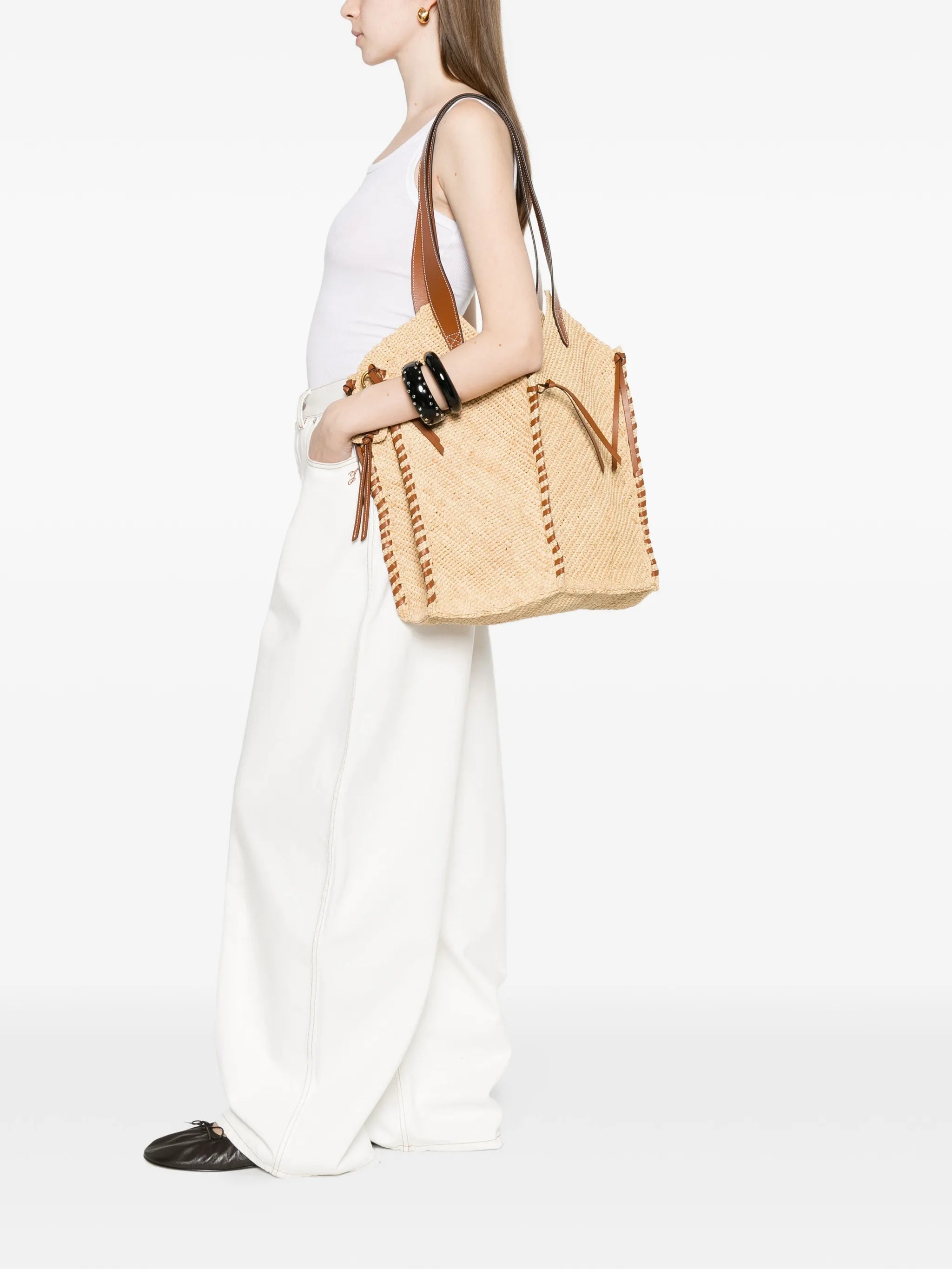 Tampa leather-trimmed raffia shoulder bag