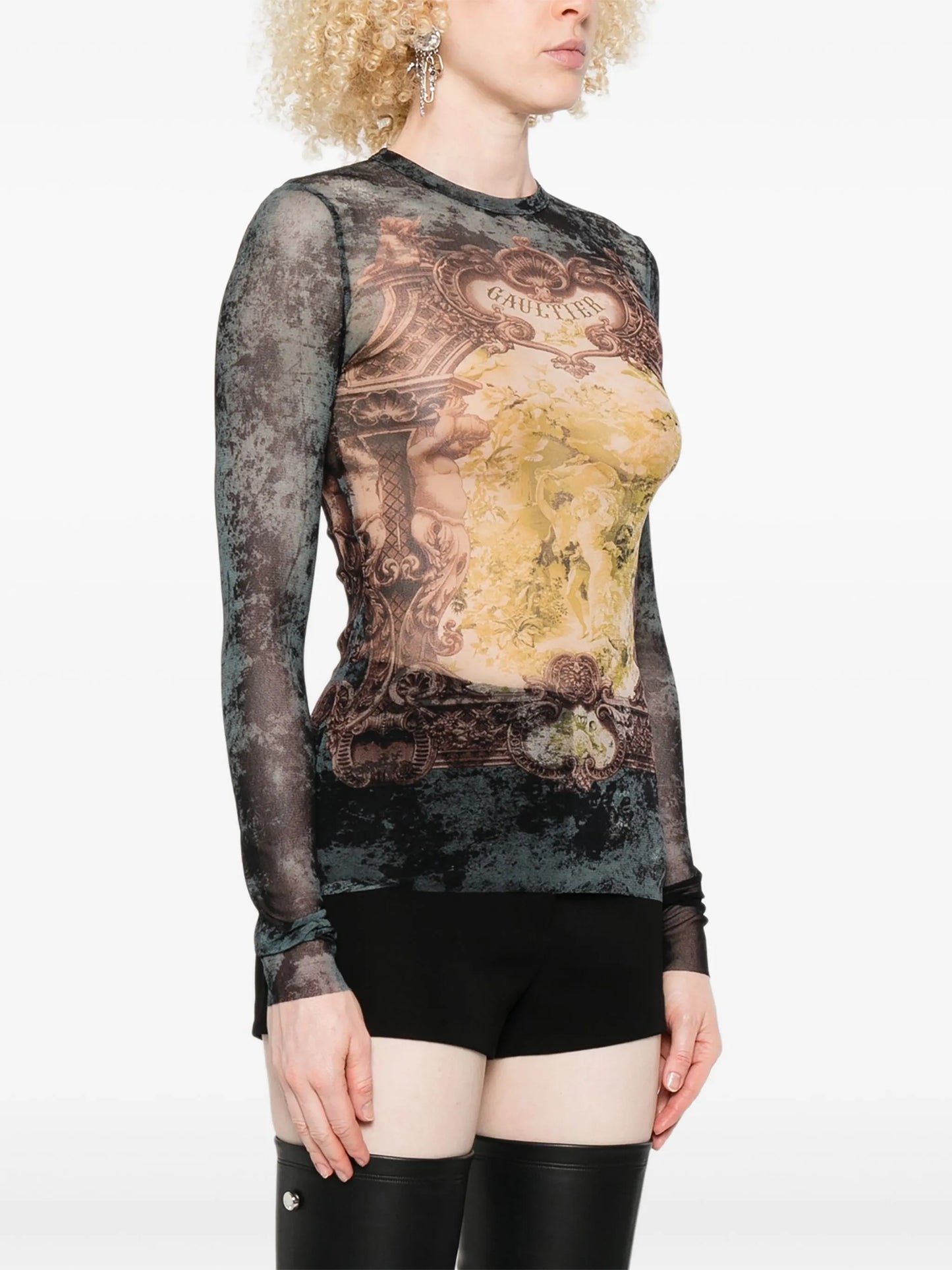 baroque-print mesh T-shirt