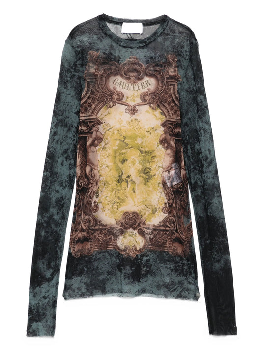 baroque-print mesh T-shirt