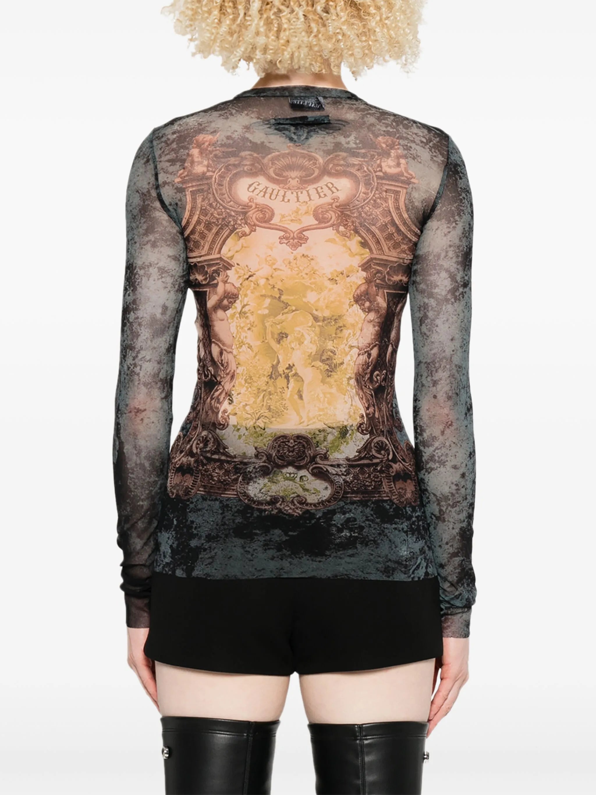 baroque-print mesh T-shirt