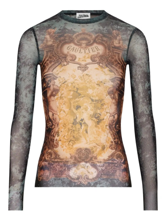baroque-print mesh T-shirt
