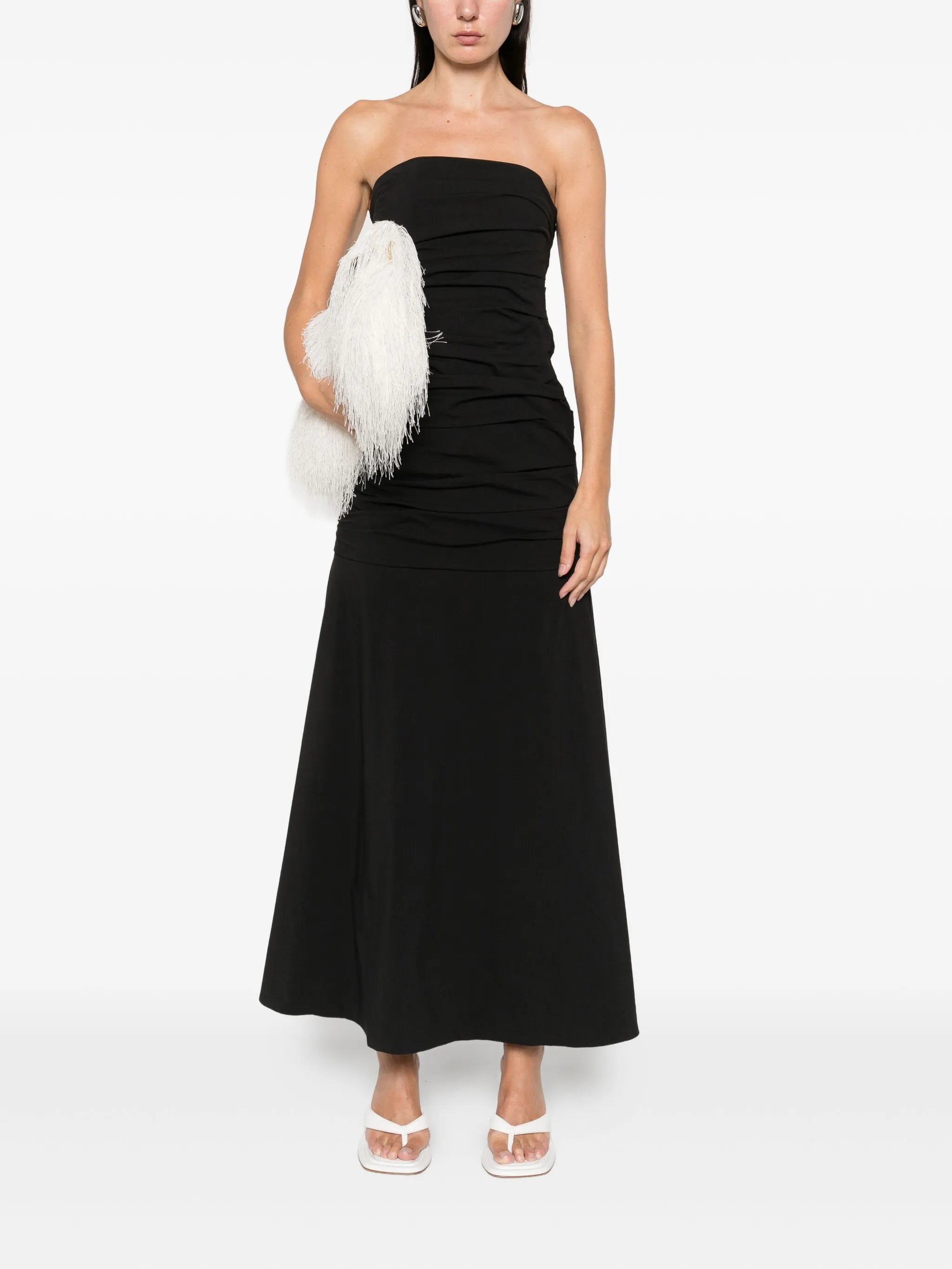 gathered strapless maxi dress