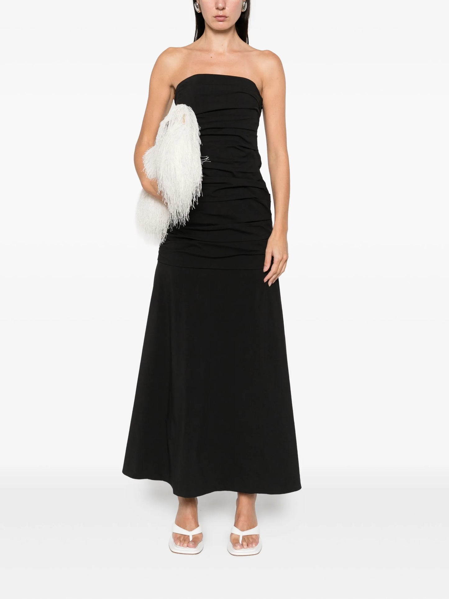 gathered strapless maxi dress