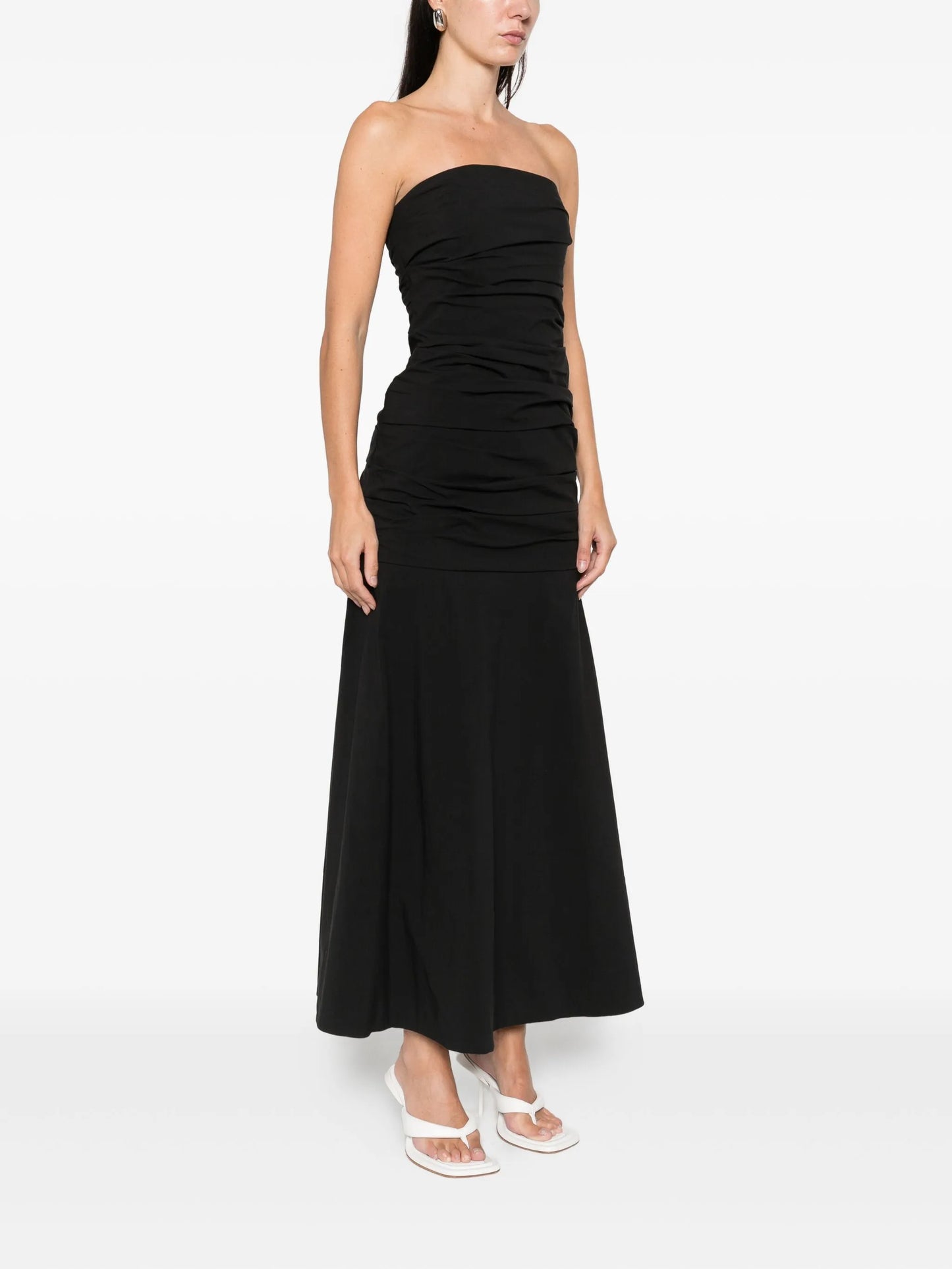 gathered strapless maxi dress