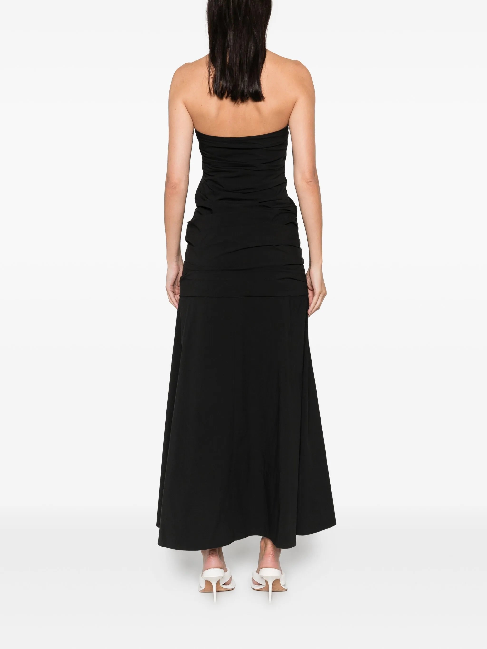gathered strapless maxi dress