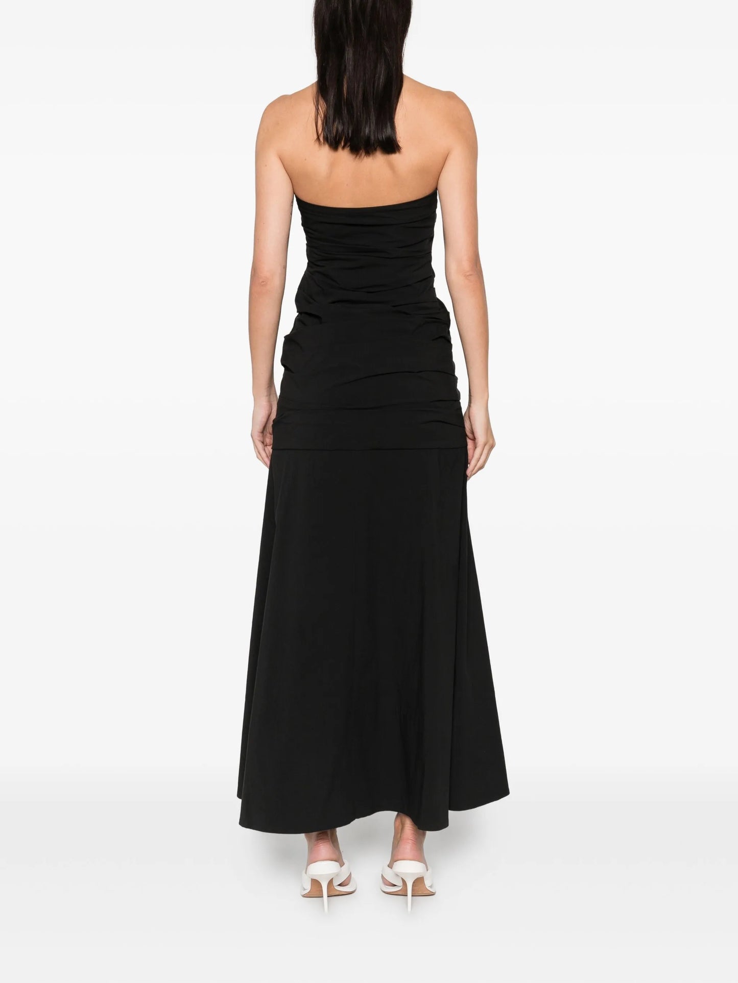 gathered strapless maxi dress