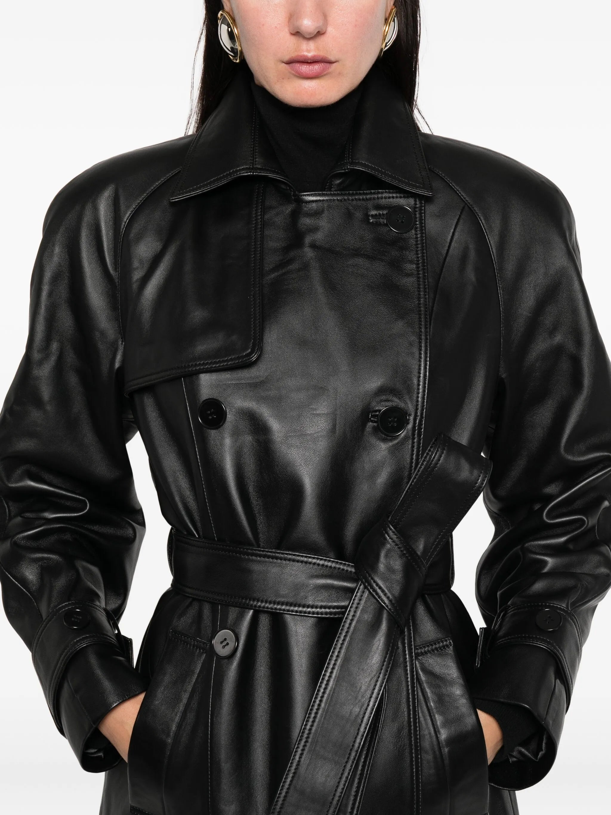 Corrin buttoned belted leather trench