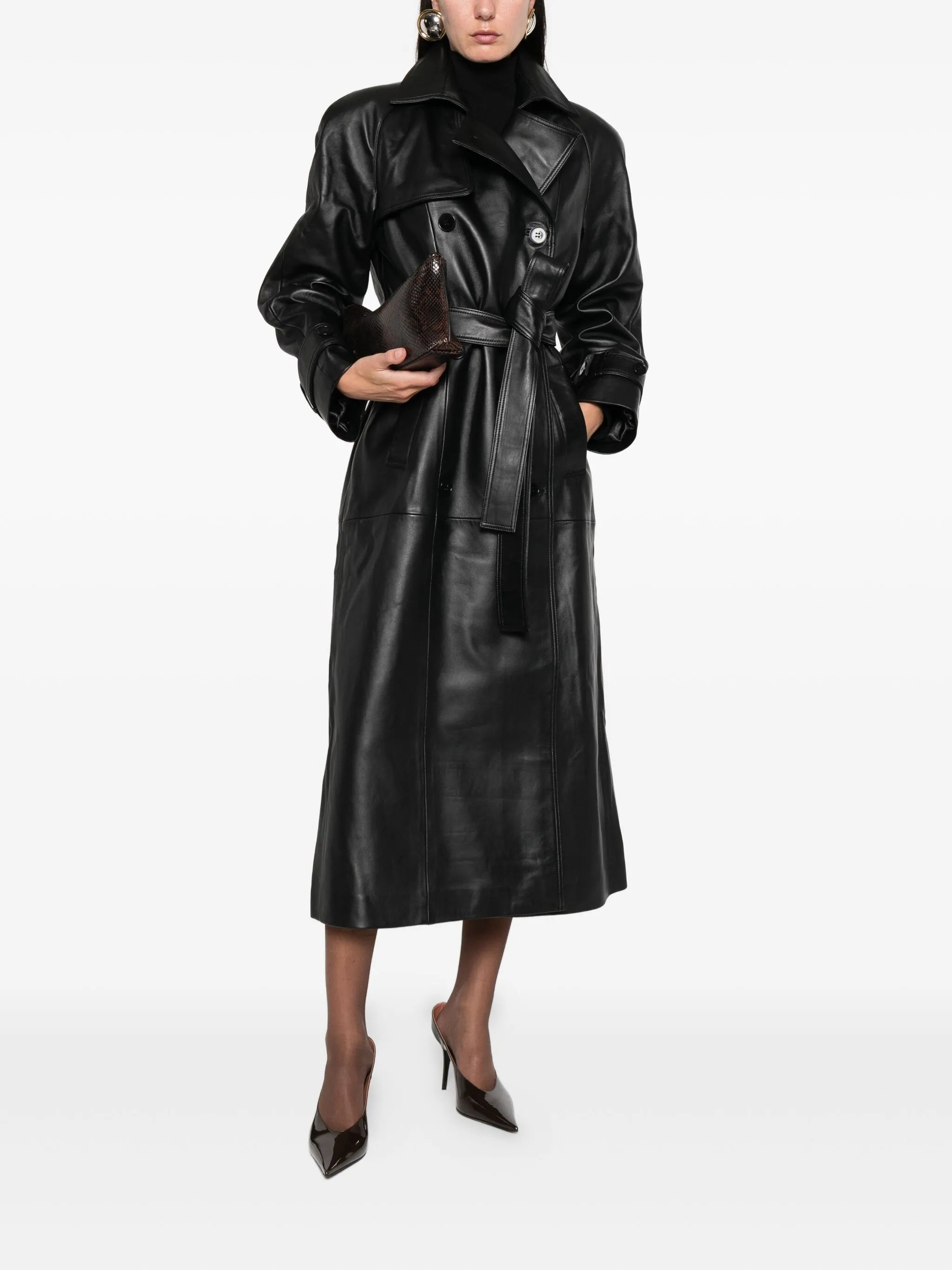 Corrin buttoned belted leather trench