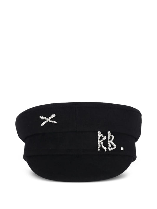 crystal-embellished black wool Baker Boy cap