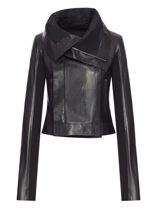 asymmetrical-collar leather jacket