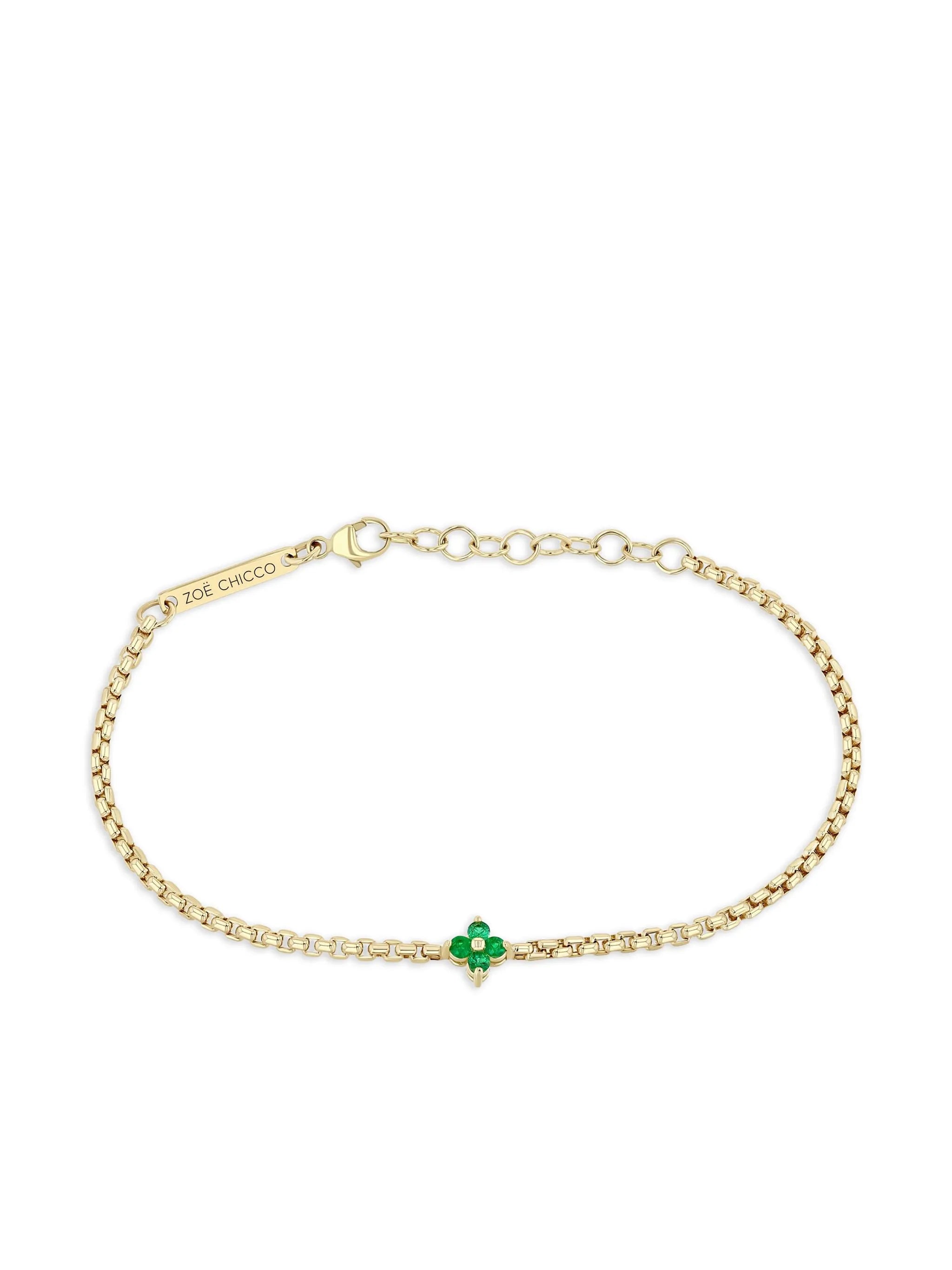 14K Gold Emerald Diamond Box Chain Bracelet