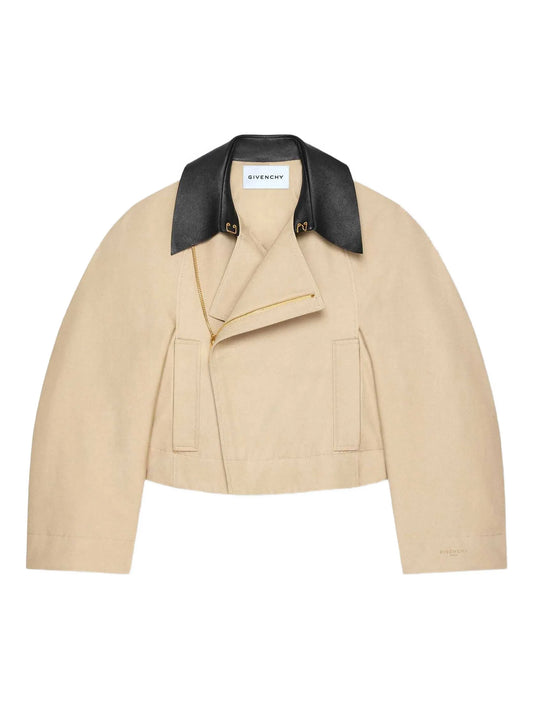 cropped peacoat with leather collar in cotton and wool