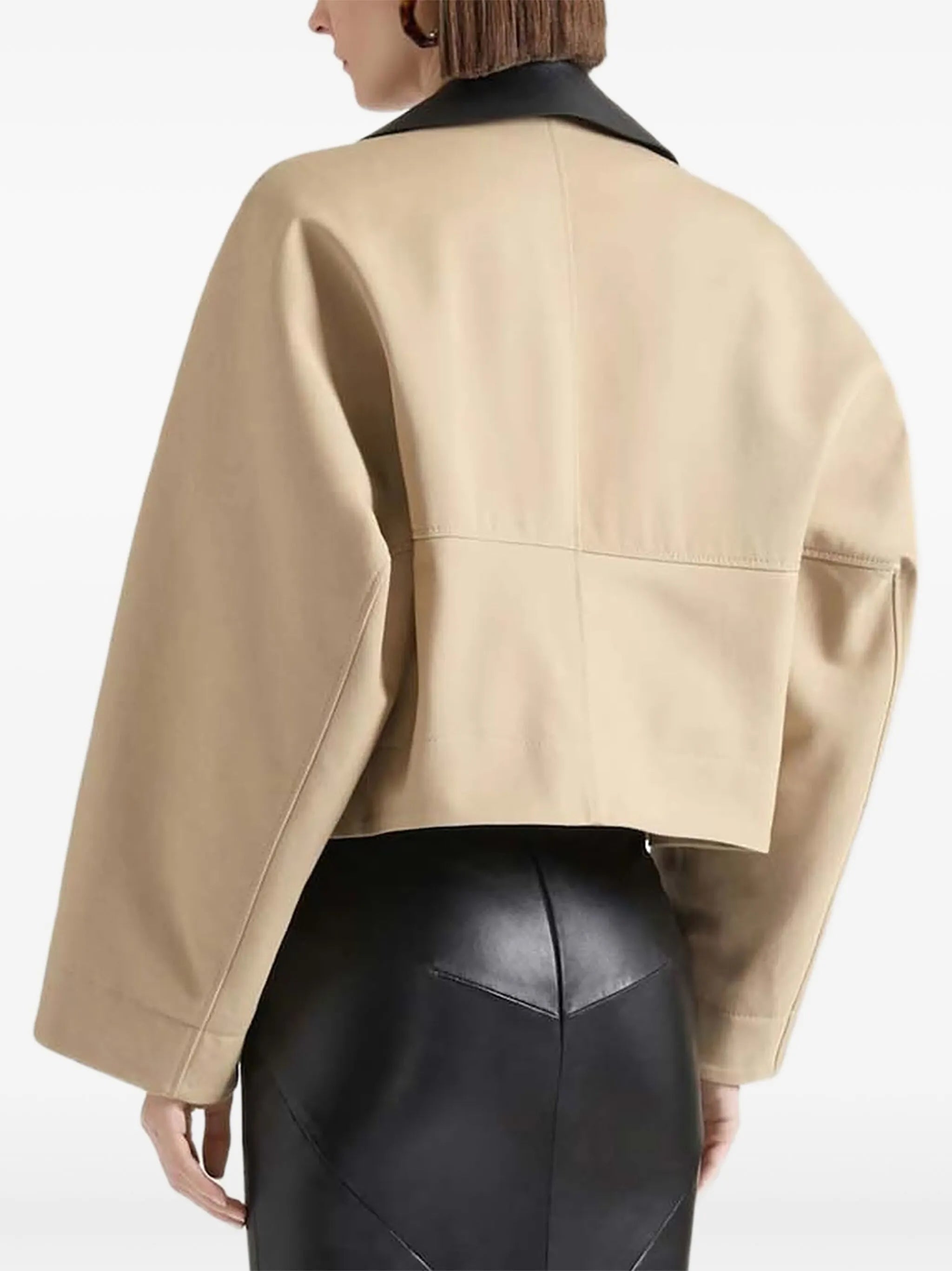 cropped peacoat with leather collar in cotton and wool