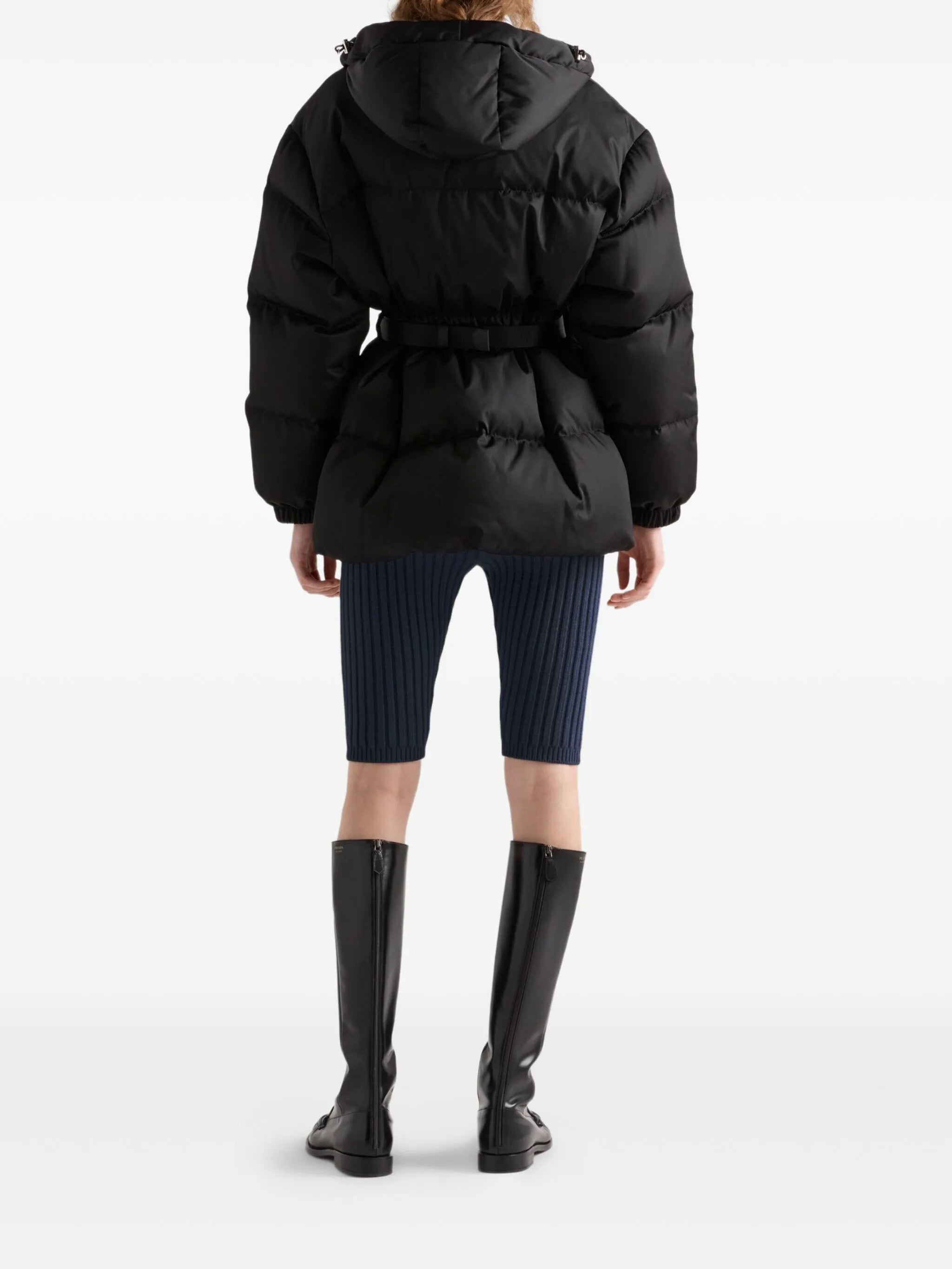 hooded belted down jacket